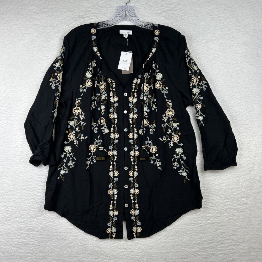 NWT J Jill Floral Embroidered 3/4 Sleeve Button Down Black Tunic Shirt Womens M